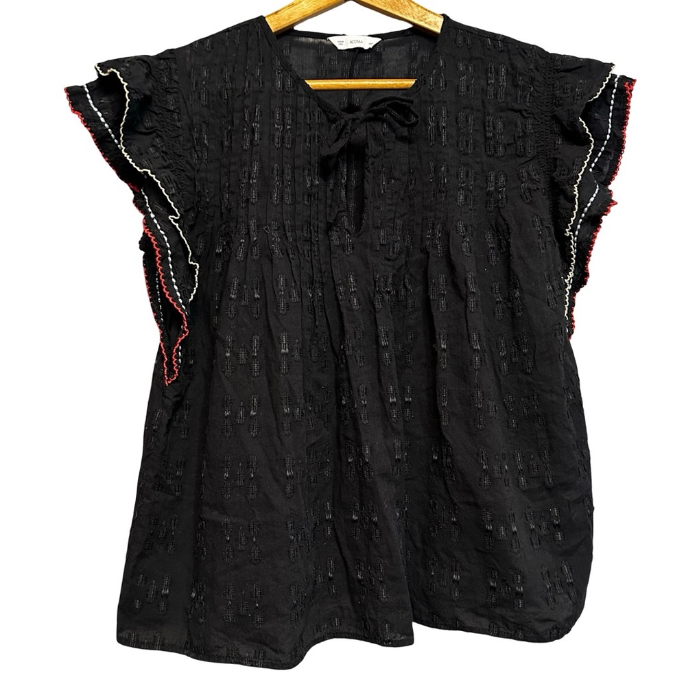 ACOS&A Black Boho Flutter Sleeve Blouse Large Tie Neck Textured Cotton Peasant